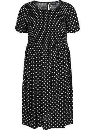 Printet viskose kjole med smock, Black Dot, Packshot image number 0