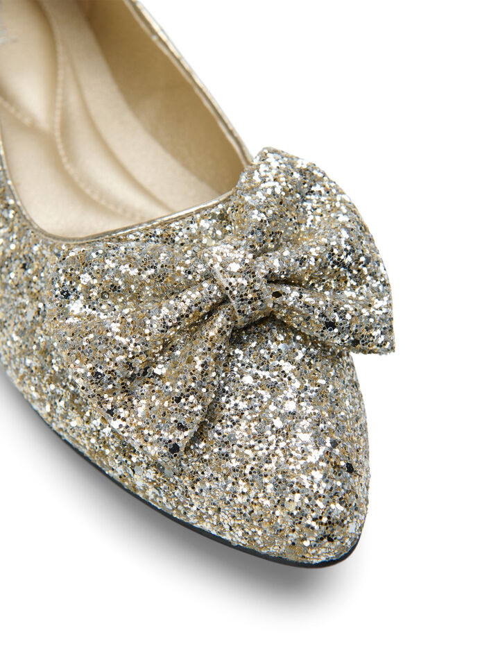 Wide fit - Glitter ballerina med sløjfe, Gold Glitter, Packshot image number 3