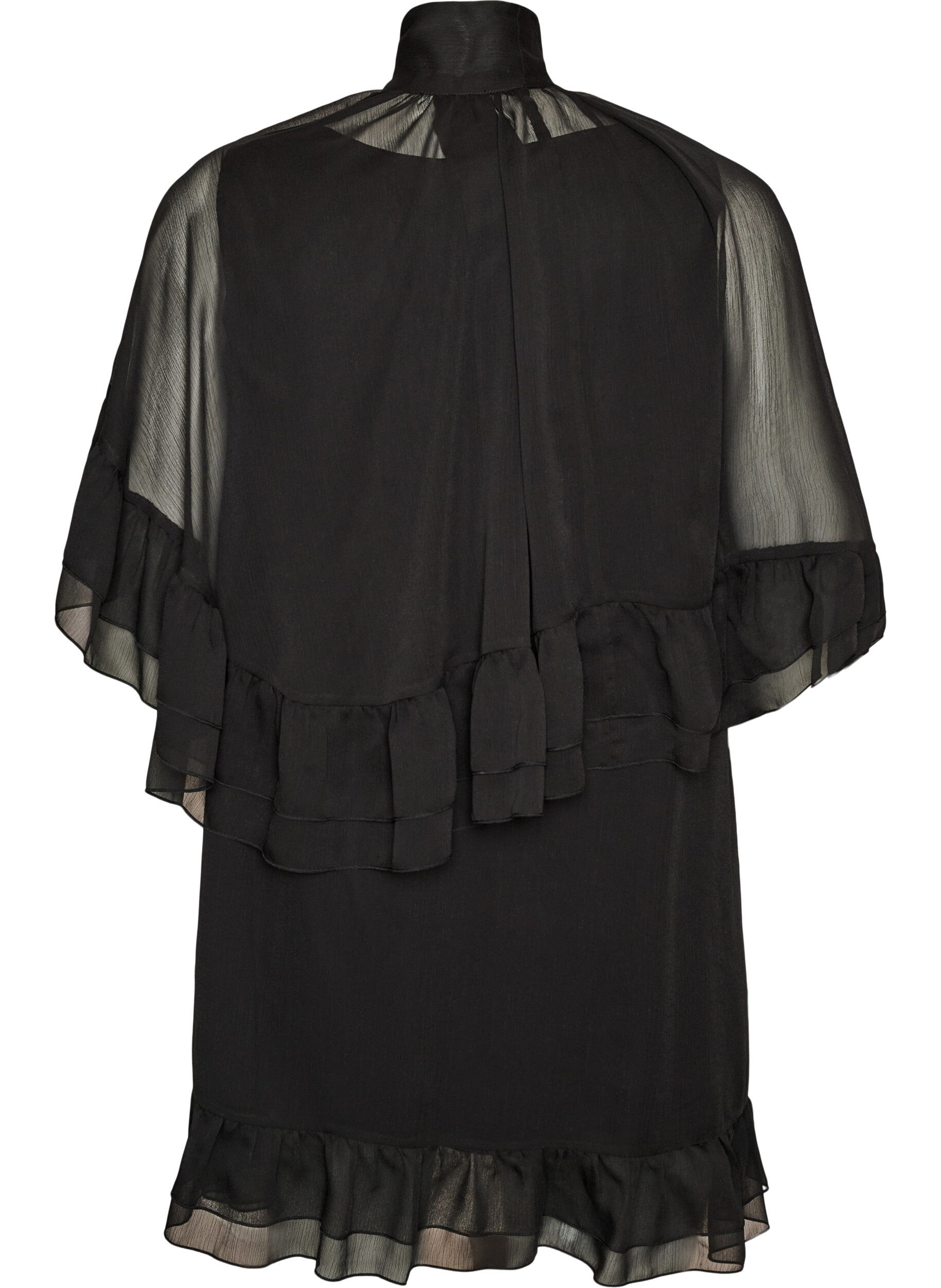 Zizzi&AElig;rmel&oslash;s kjole med chiffon-kappe, Sort, Packshot image number 1