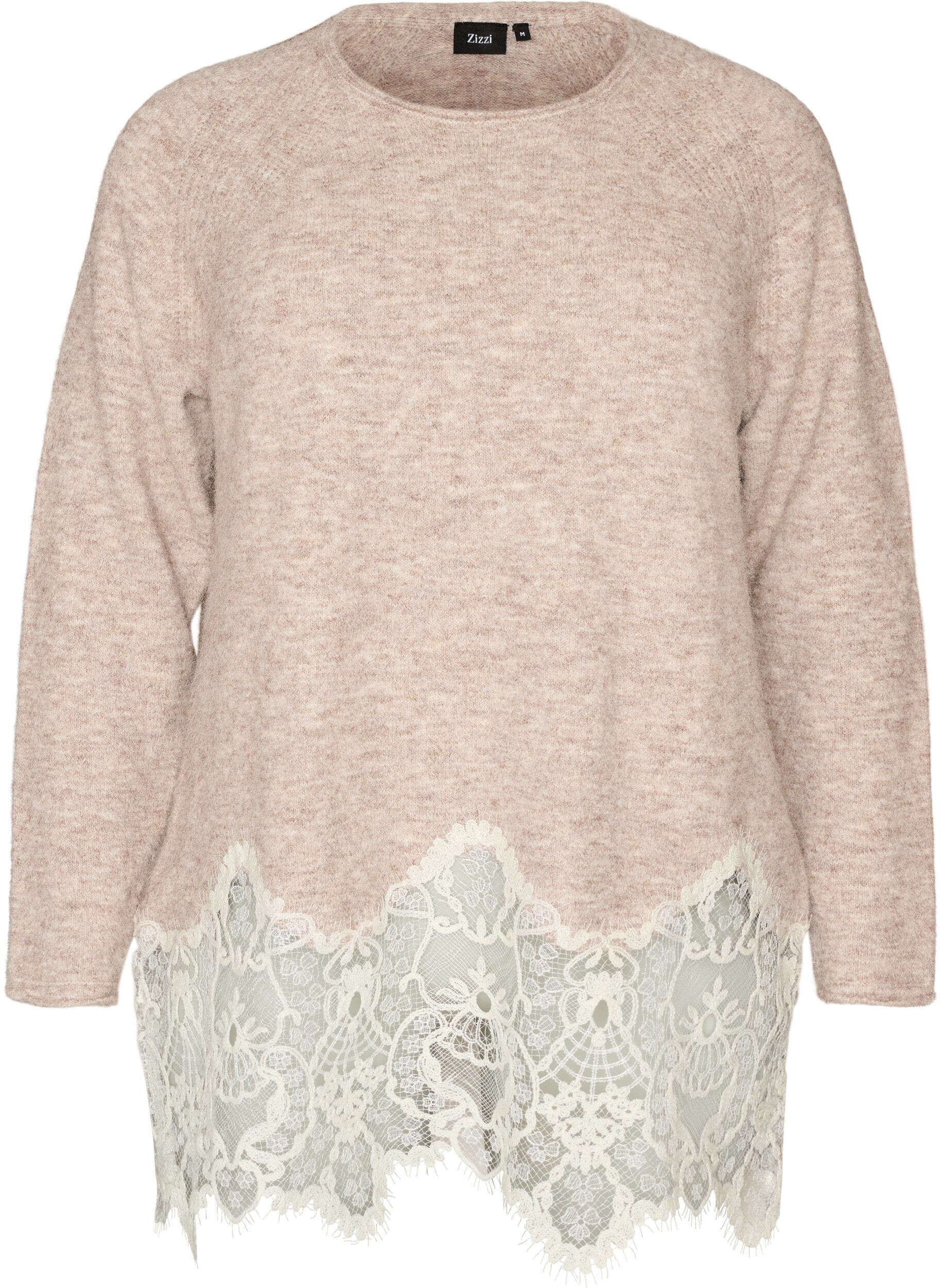 ZizziStrikbluse med raglan&aelig;rmer og bred blondekant, Beige, Packshot image number 0