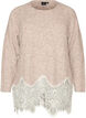Strikbluse med raglan&aelig;rmer og bred blondekant, Beige, Packshot image number 0