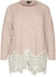 Strikbluse med raglan&aelig;rmer og bred blondekant, Beige