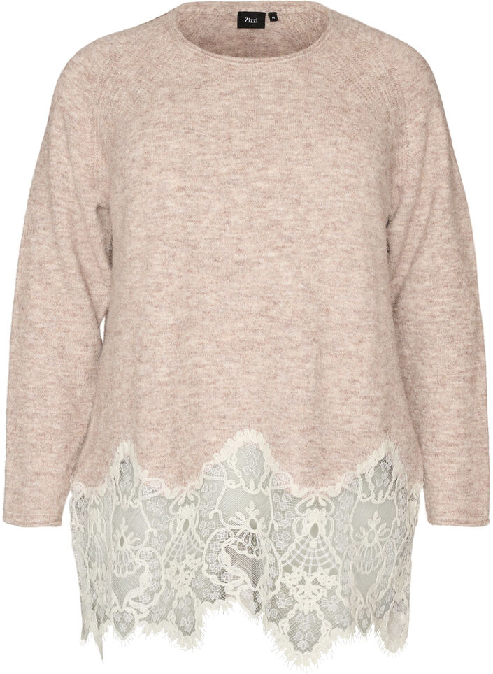 Strikbluse med raglan&aelig;rmer og bred blondekant, Beige, Packshot image number 0