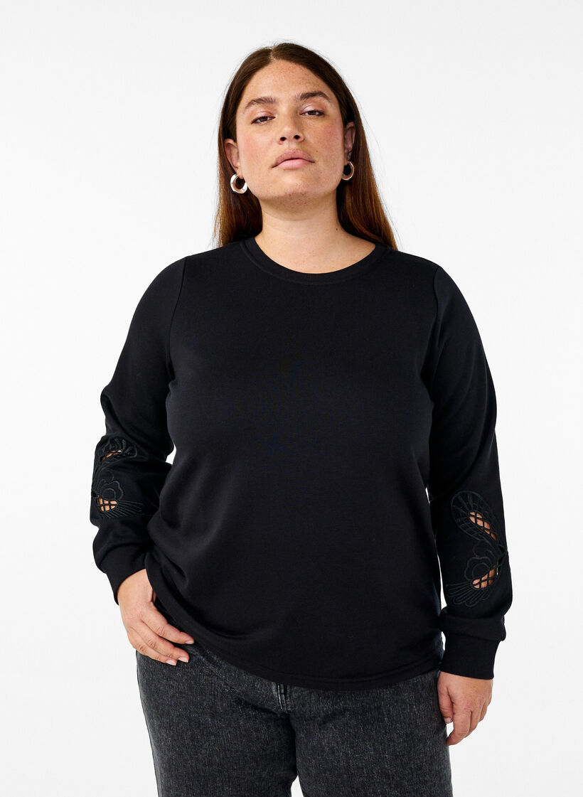 Sweatbluse med broderede udskæringer, Black, Model image number 0