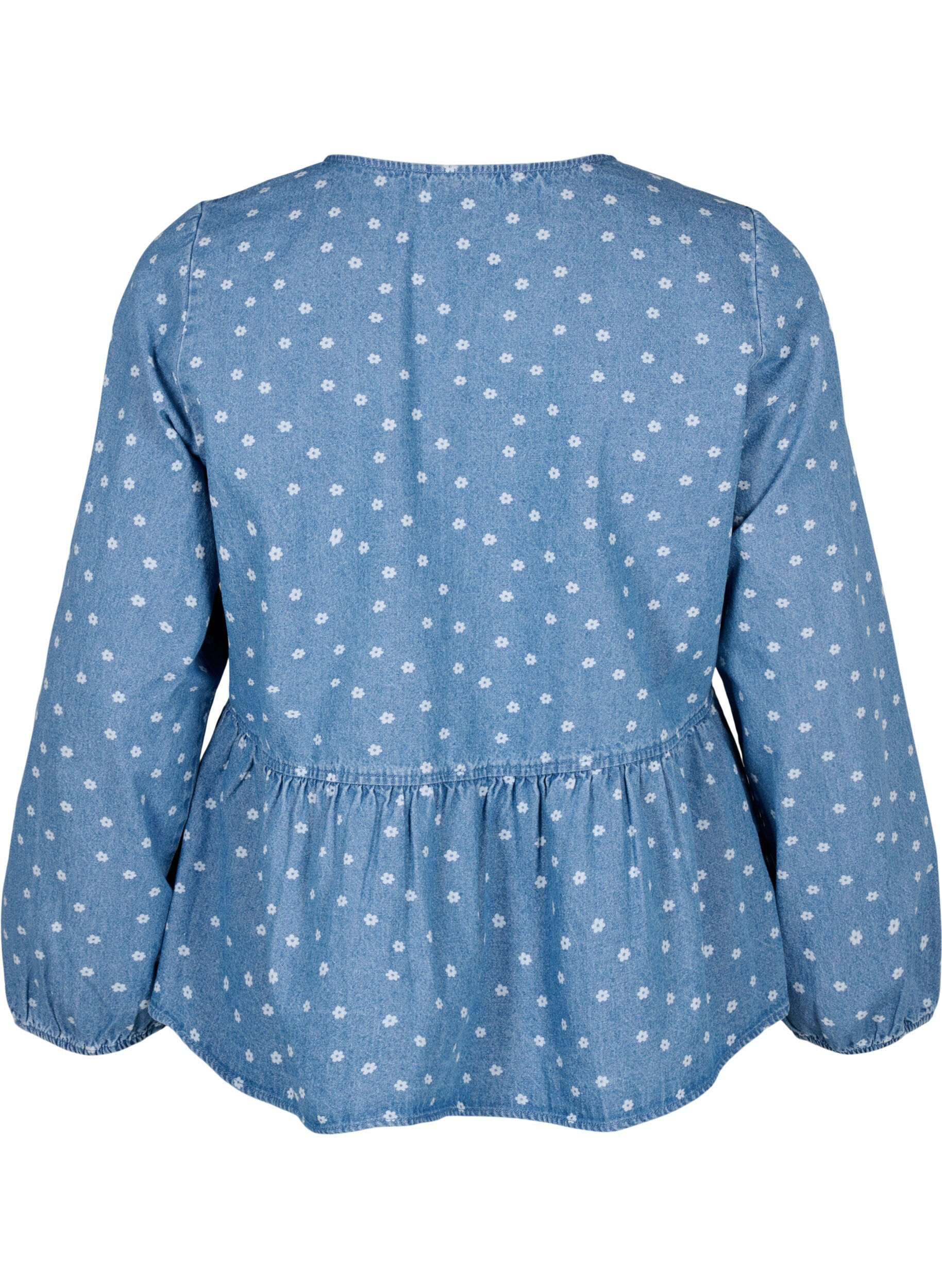 Zizzi Peplum bluse i denim med bindelukning, Light Blue w.Flowers, Packshot image number 1