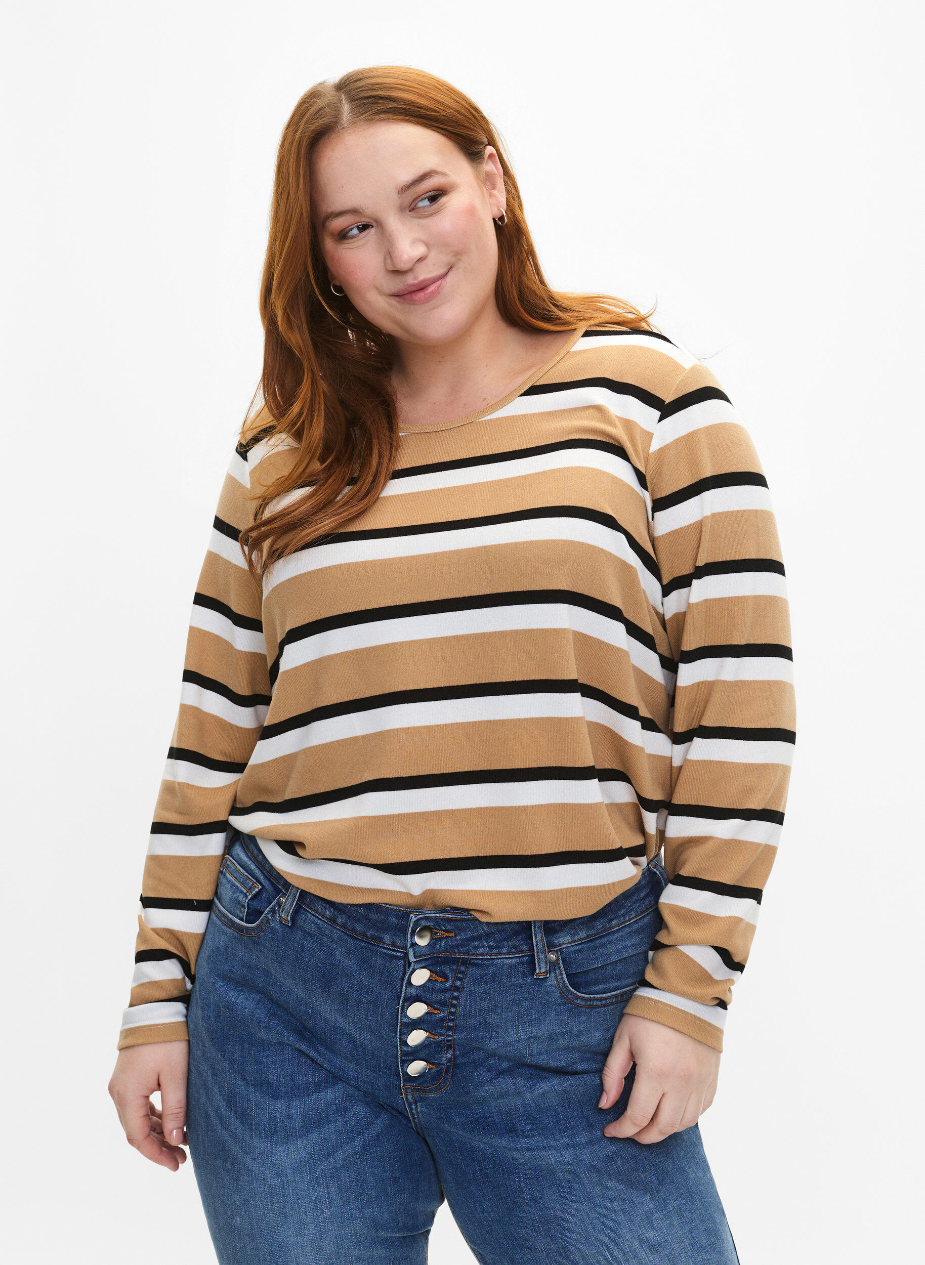 ZizziStribet bluse med lange &aelig;rmer, Sort, Model image number 0