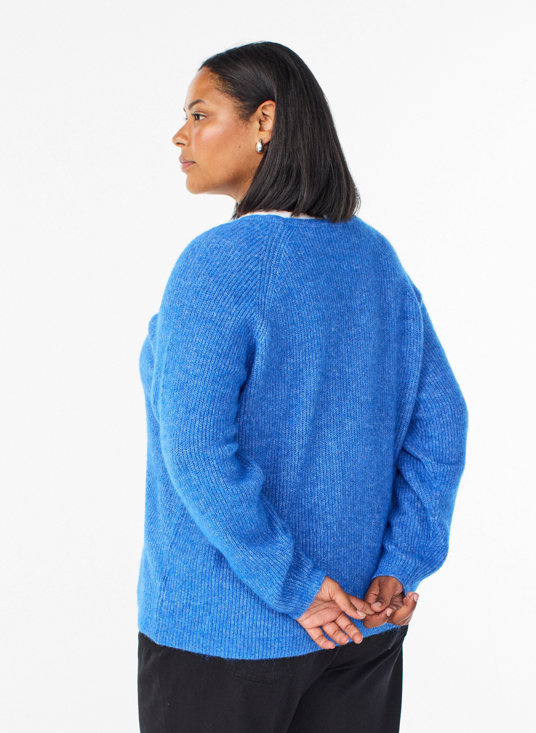 ZizziStrikbluse med V-hals og raglan&aelig;rmer, Bl&aring;, Model image number 2