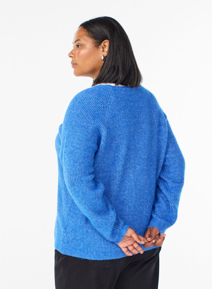 Strikbluse med V-hals og raglan&aelig;rmer, Bl&aring;, Model image number 2