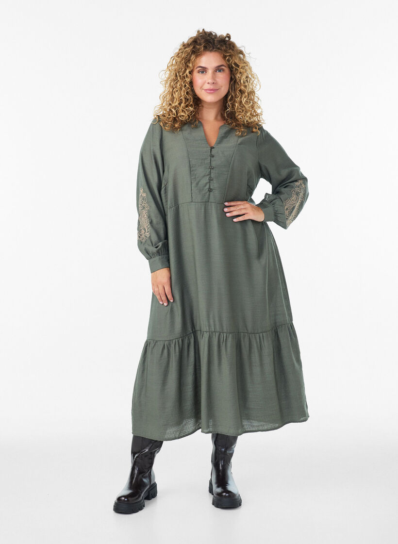 Viskosekjole med broderi og fl&aelig;selag, Gr&oslash;n, Model image number 0