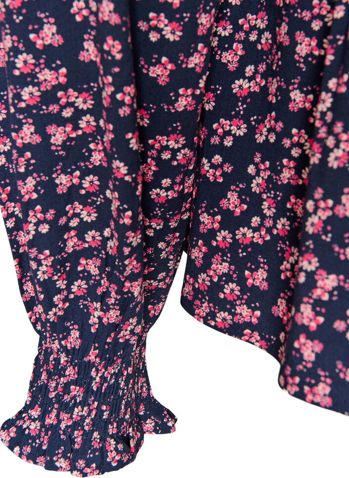 Bluse med smockoverdel og blomsterprint, Bl&aring;, Packshot image number 3