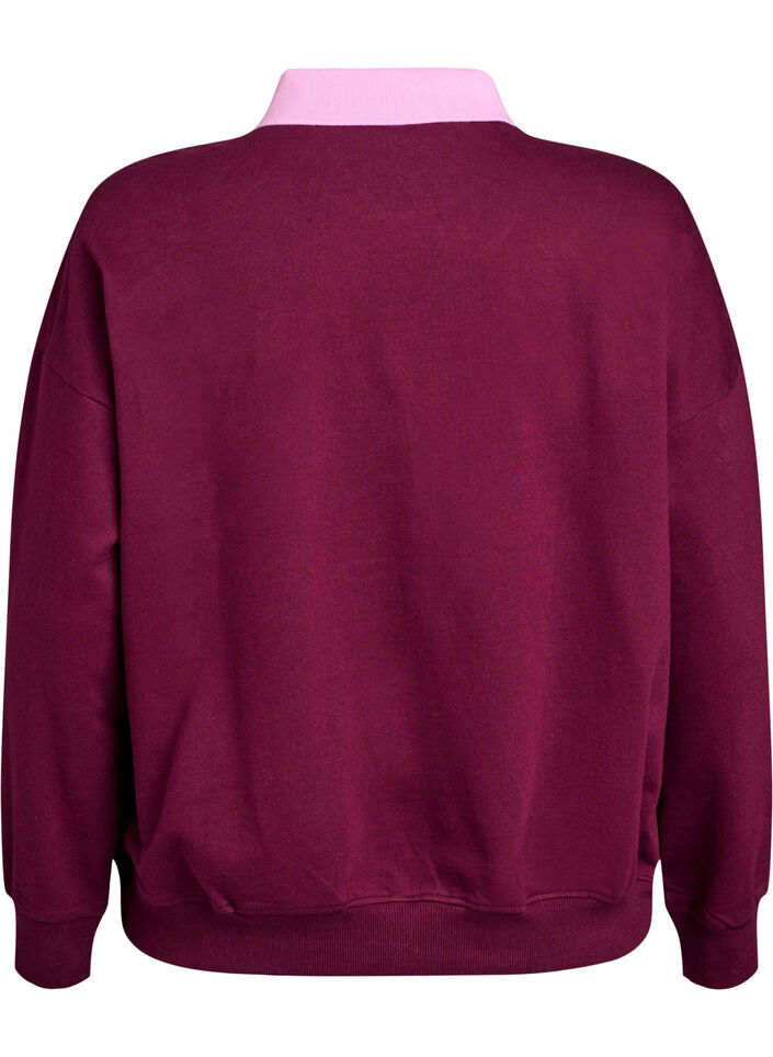 Sweatshirt i økologisk bomuld med krave og kontrastprint, Mørk Bordeaux, Packshot image number 1