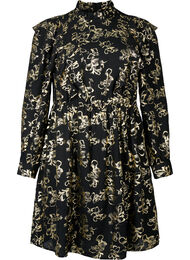 Langærmet kjole med flæser og folieprint, Black Foil AOP