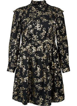 Langærmet kjole med flæser og folieprint, Black Foil AOP, Packshot image number 0