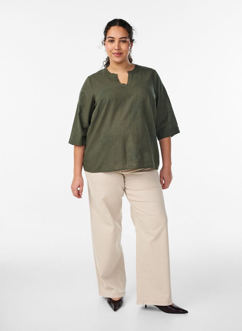 Bluse i bomuld med broderede detaljer og 3/4 &aelig;rmer, Gr&oslash;n, Model image number 1