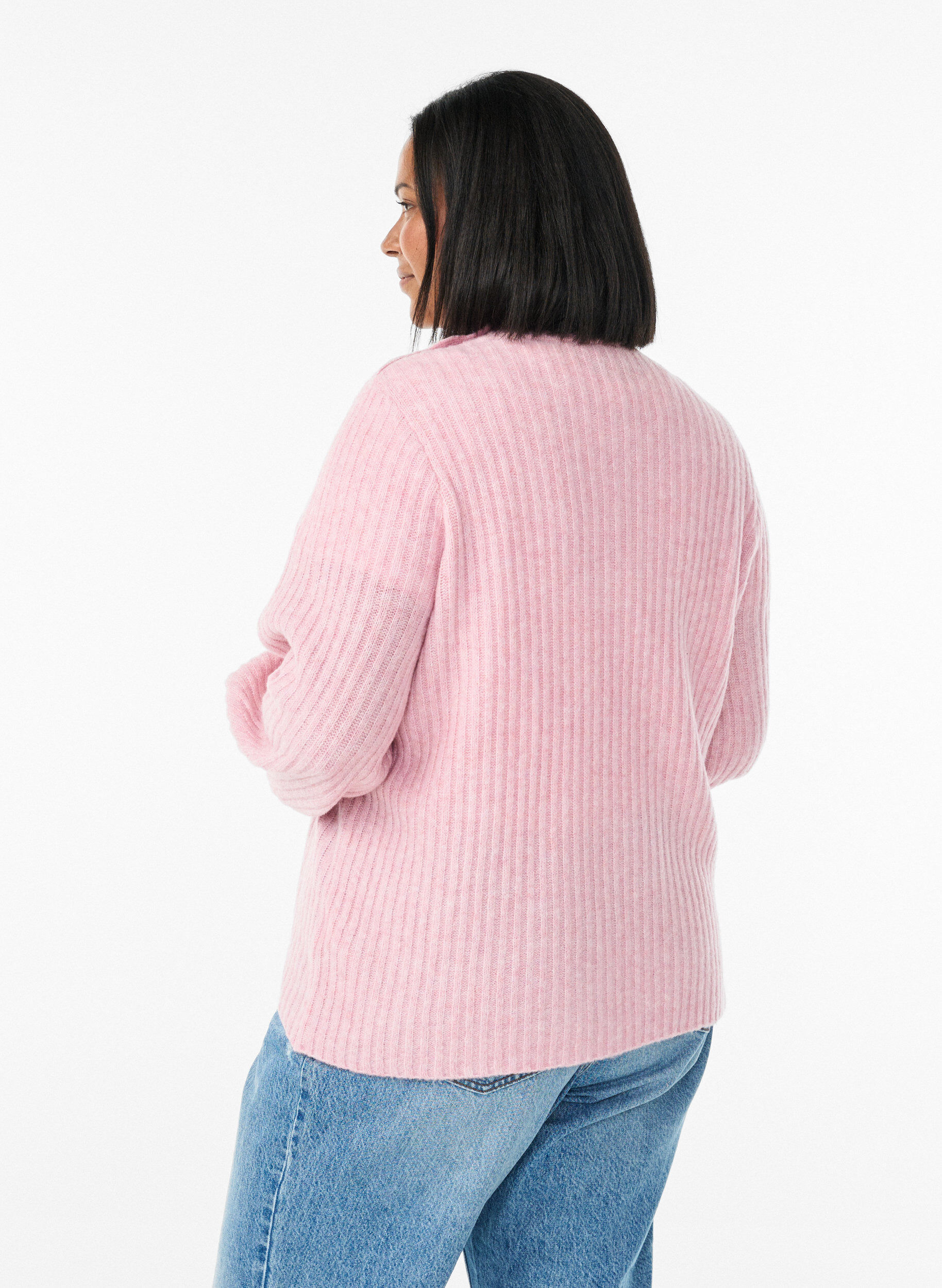 Zizzi Ribstrikket sweater med ballon&aelig;rmer og knapper, Lyser&oslash;d, Model image number 2