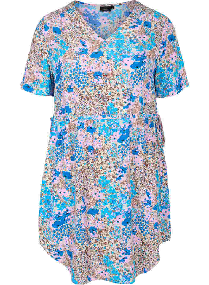 Mønstret kjole med snøredetaljer, Blue Rose Flower, Packshot image number 0
