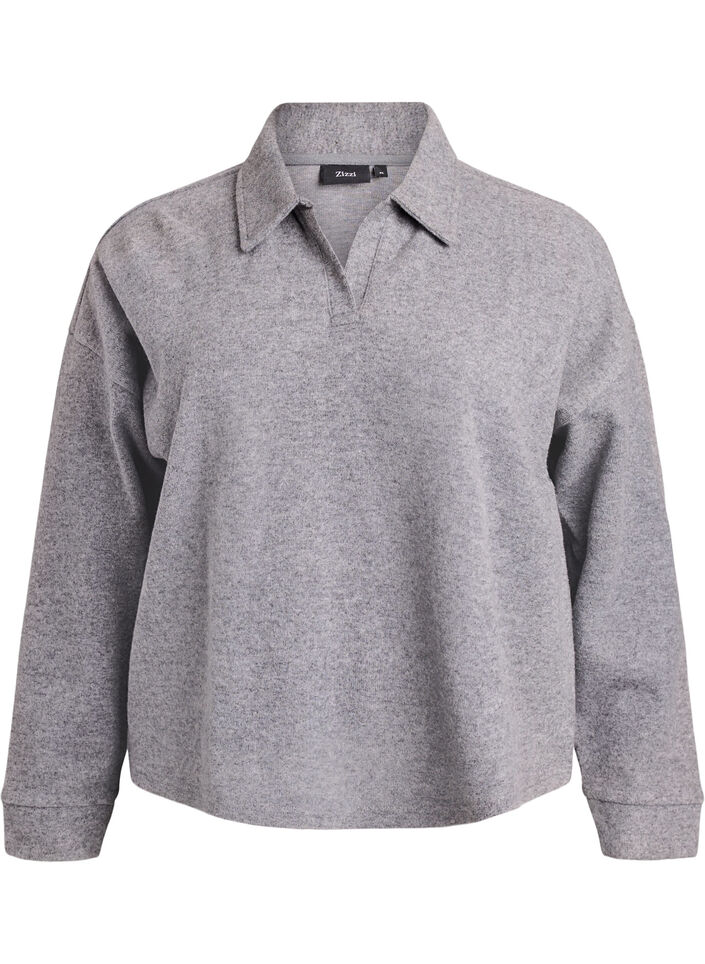 Jerseybluse med krave og V-udskæring, Grå, Packshot image number 0