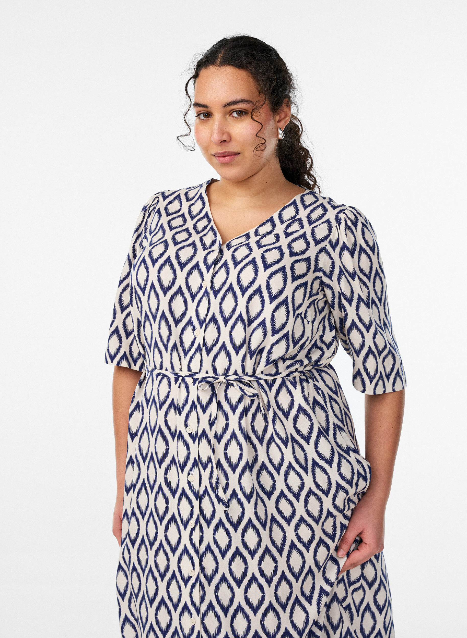 Zizzi Midikjole med print og bindeb&aring;nd, Vanilla, Model image number 2