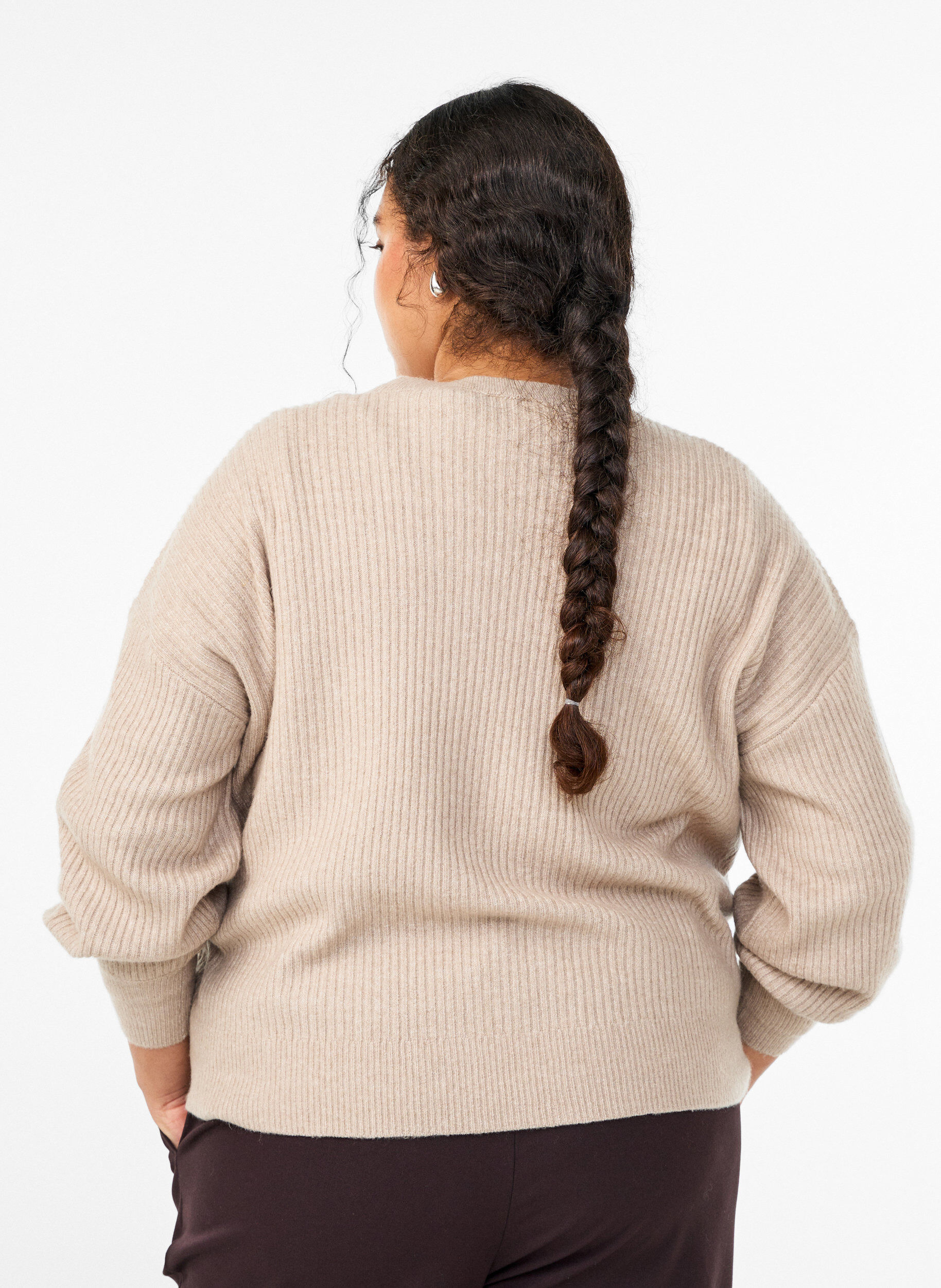 ZizziRibstrikket cardigan med knapper, Beige, Model image number 2