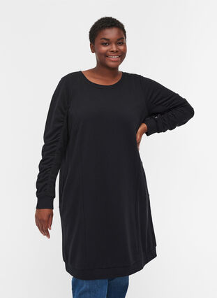 Sweatkjole med lommer og draperede ærmer, Black, Model image number 0