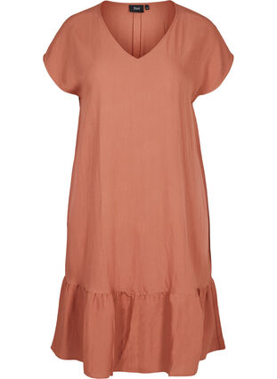Kortærmet viskose kjole med v-udskæring, Copper Brown, Packshot image number 0