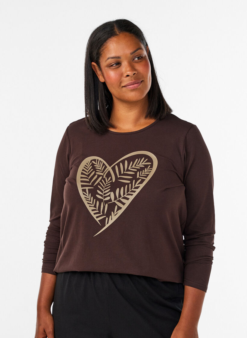 Natbluse i bomuld med hjerteprint, Brun, Model image number 0