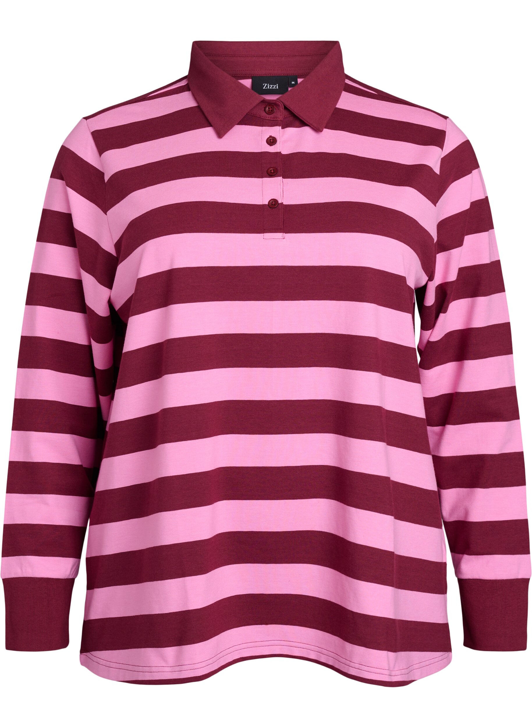 Zizzi Lang&aelig;rmet poloshirt med striber, M&oslash;rk Bordeaux, Packshot image number 0