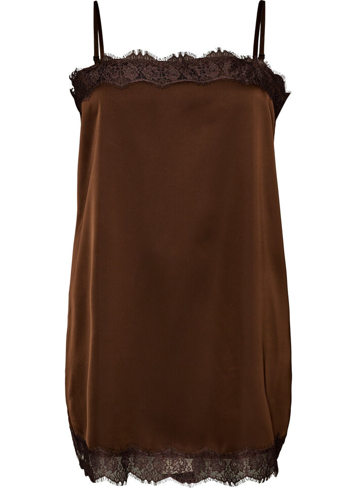 Lang satintop med blondekanter, Brun, Packshot image number 0
