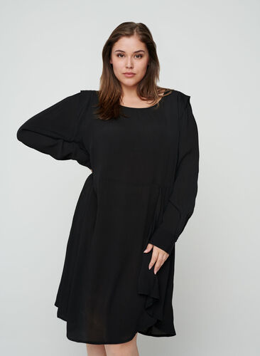 Langærmet kjole i viskose, Black, Model image number 0