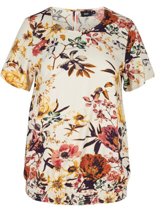 Blomstret smock bluse i viskose, Beige Flower AOP, Packshot image number 0