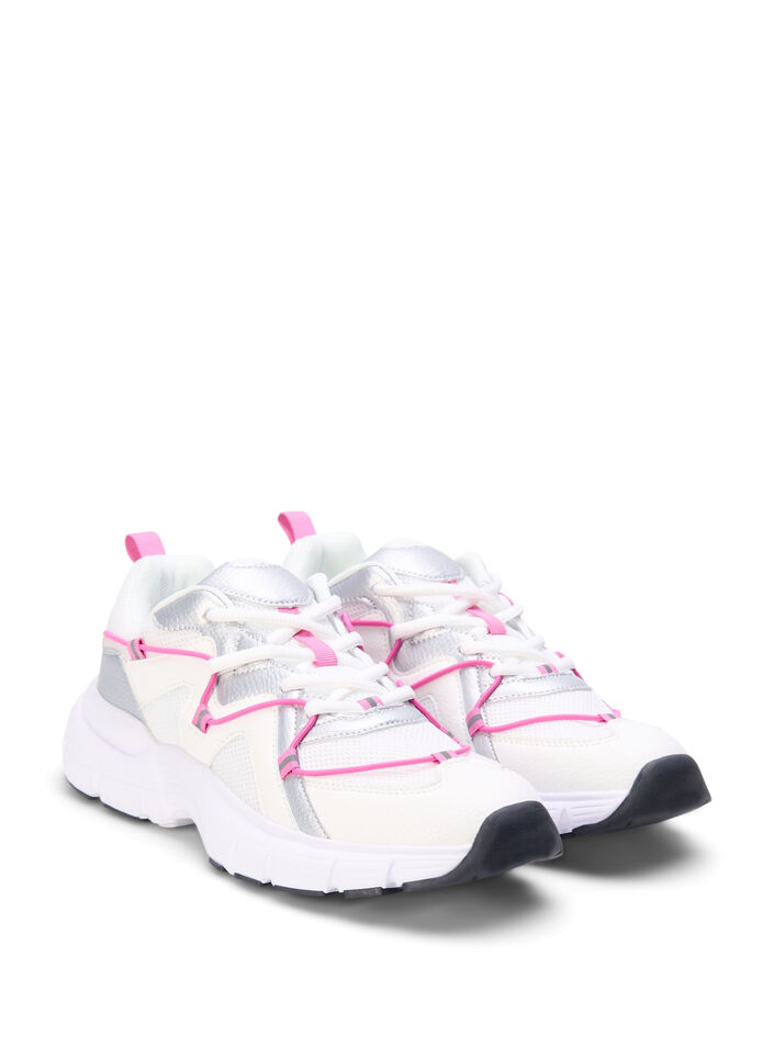 Wide fit - Sneakers med kontrastfarvet snøredetalje, White w. Pink, Packshot image number 1
