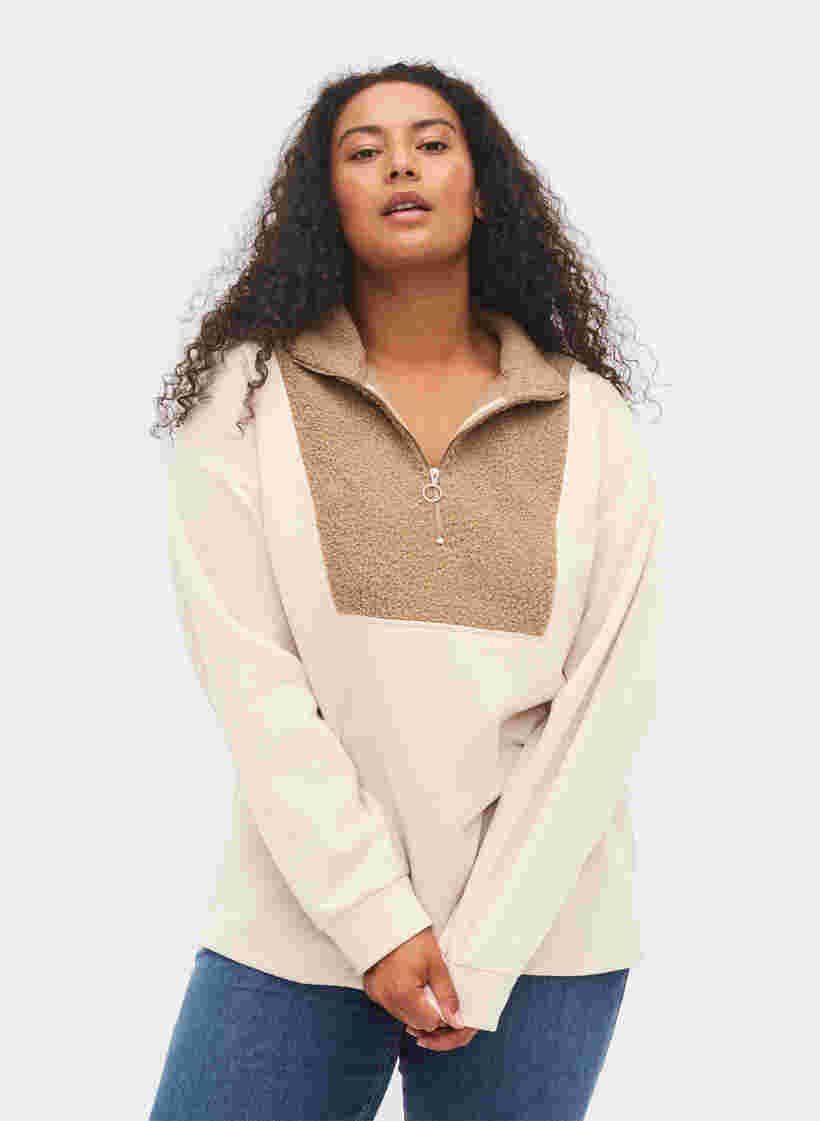 Højhalset sweatshirt med teddy og lynlås, Brown Comb, Model image number 0