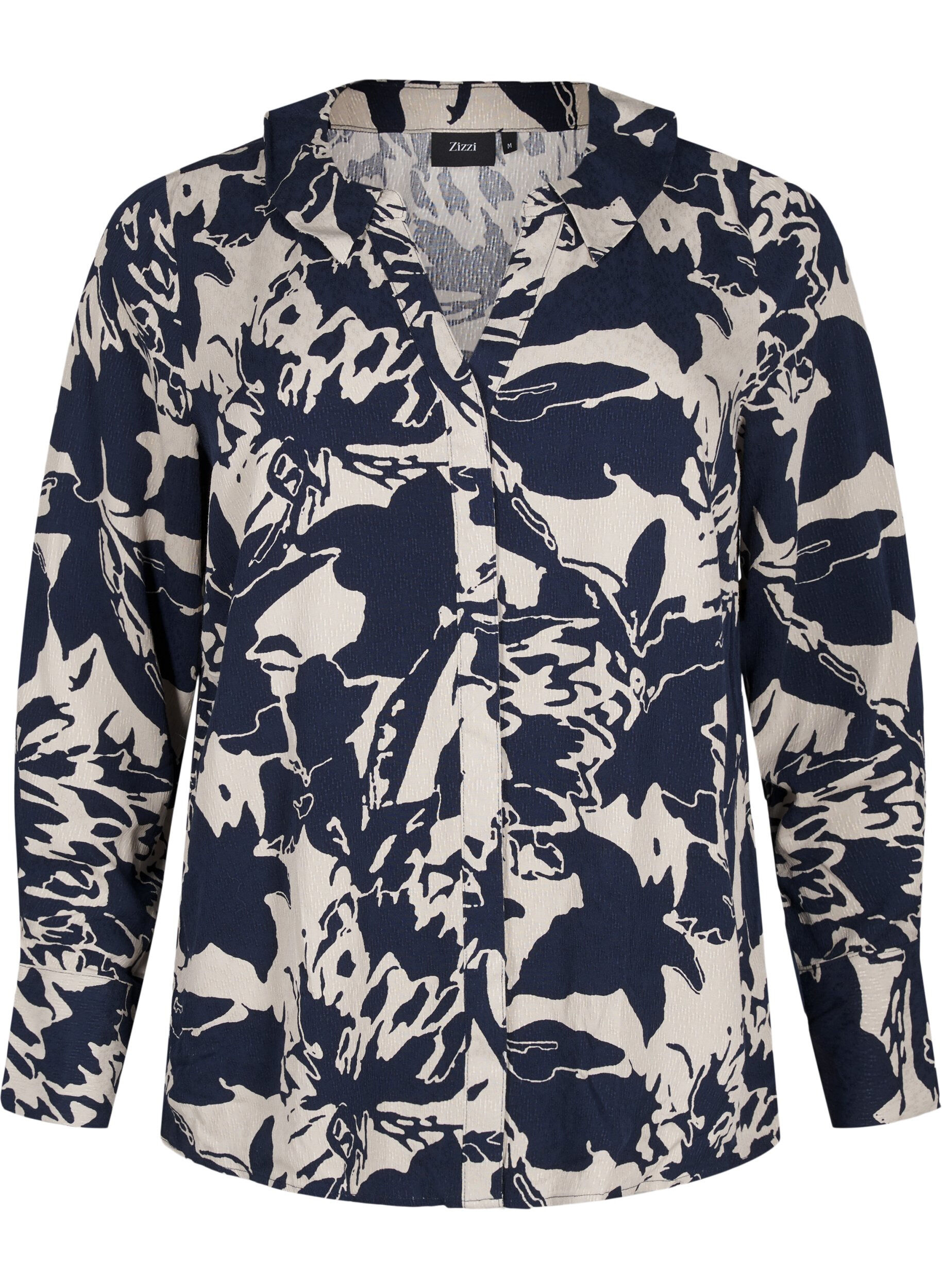 Zizzi Lang&aelig;rmet skjorte med print og v-hals, Navy Blazer AOP, Packshot image number 0