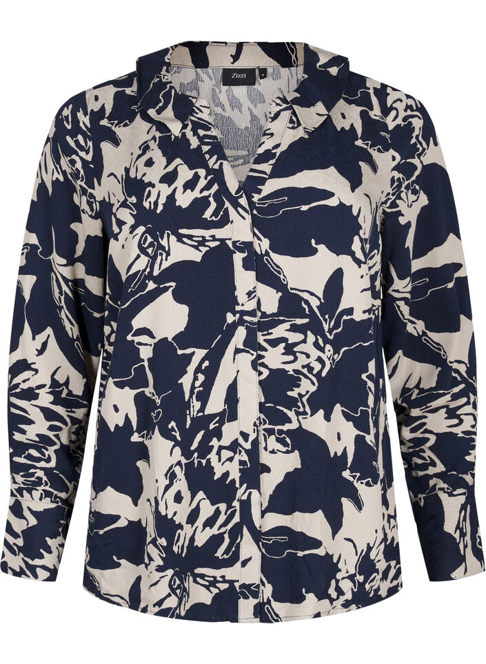 Langærmet skjorte med print og v-hals, Navy Blazer AOP, Packshot image number 0
