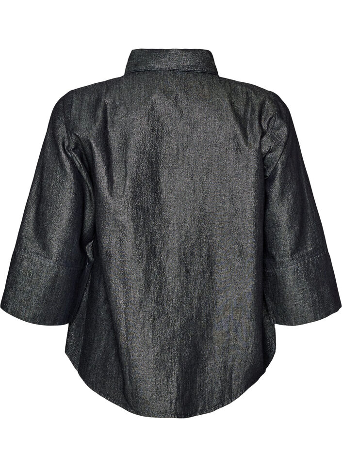 Denimskjorte med glimmertr&aring;d og 3/4-&aelig;rmer, Gr&aring;, Packshot image number 1