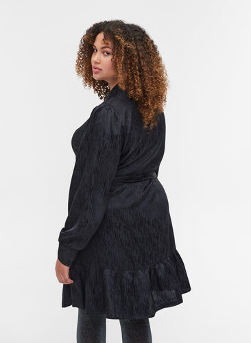 Mønstret wrap kjole med lange ærmer, Black, Model image number 1