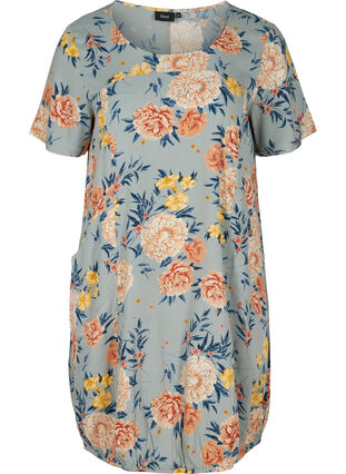 Kortærmet viskose kjole med print, Light Blue Flower, Packshot image number 0