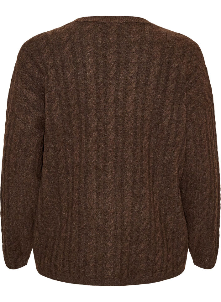 Strikbluse med kabelstrik og V-udsk&aelig;ring, Brun, Packshot image number 1