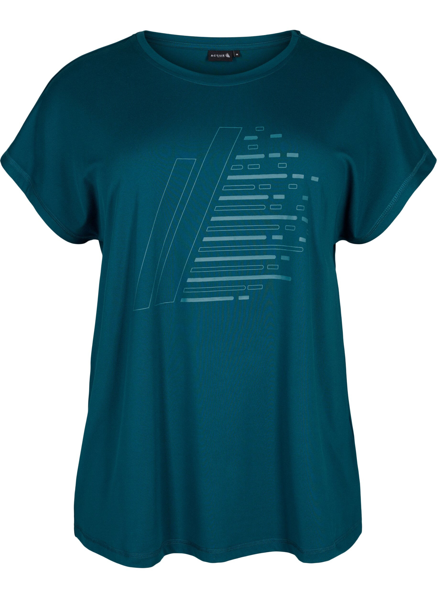 Zizzi Kort&aelig;rmet tr&aelig;nings t-shirt med print, Deep Teal/Pacific, Packshot image number 0