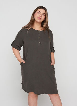 Bomulds kjole med knapper og 3/4 ærmer, Khaki As sample, Model image number 0