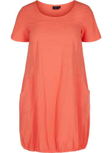 Kortærmet kjole i bomuld, Hot Coral, Packshot image number 0