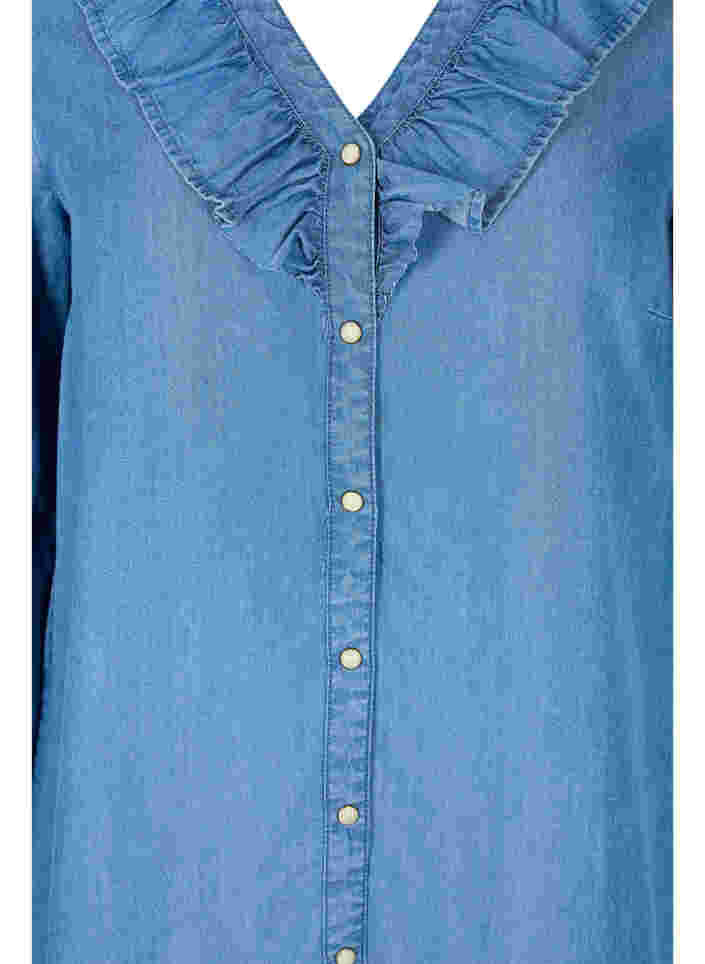 Denimkjole med v-hals og flæser, Blue denim, Packshot image number 2