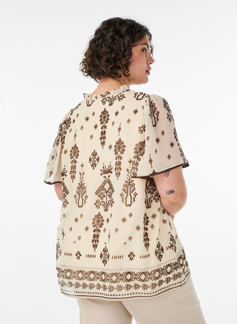 Bluse med m&oslash;nster og crochetb&aring;nd, Beige, Model image number 2