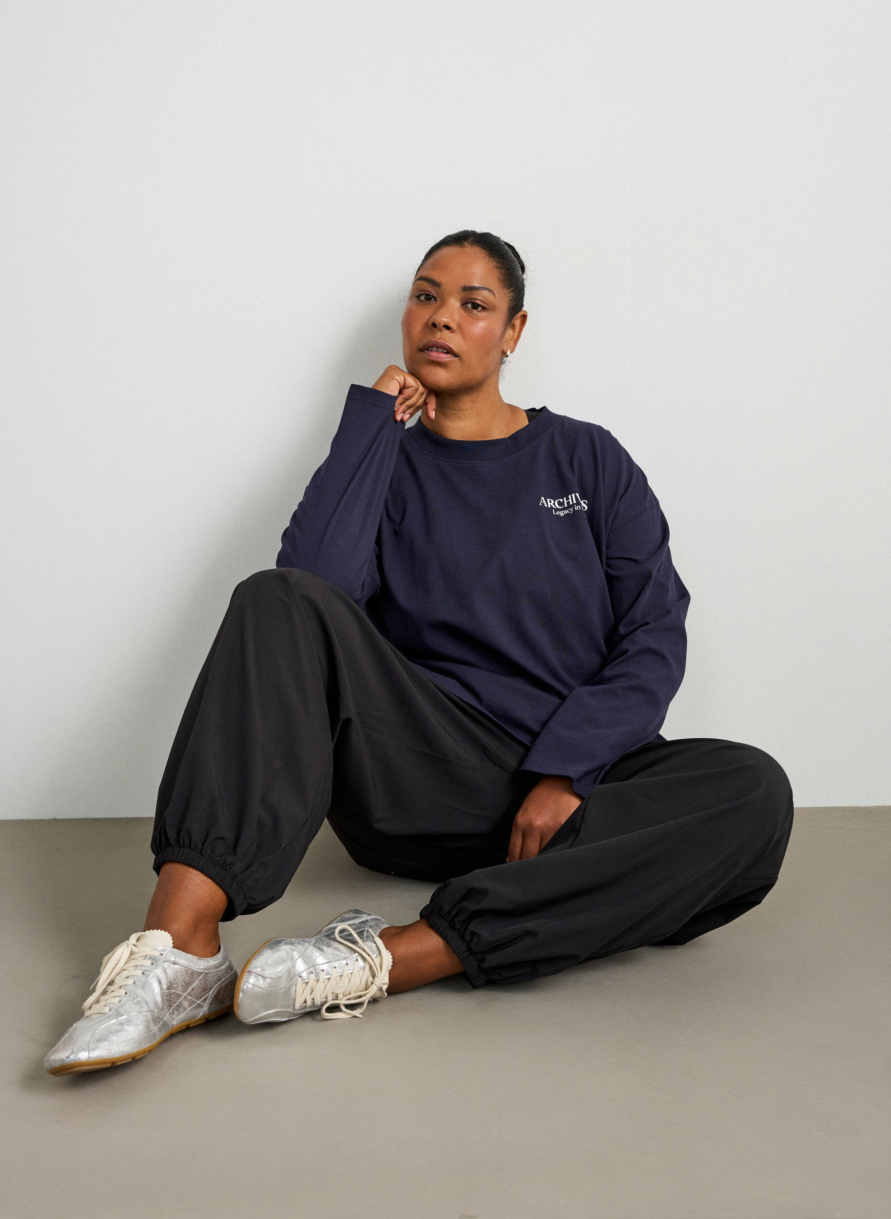 ZizziLang&aelig;rmet jerseybluse med tekstprint, Bl&aring;, Model image number 4