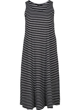 Ærmeløs midikjole i bomuld, Black W. white stripe, Packshot image number 0