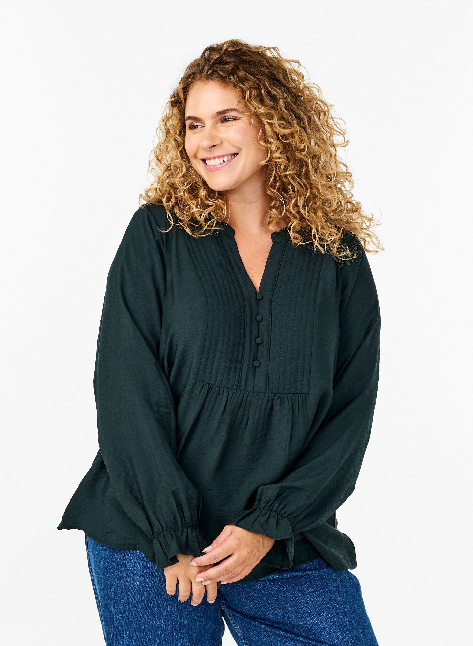 Zizzi Lang&aelig;rmet bluse med V-udsk&aelig;ring, Scarab, Model image number 0
