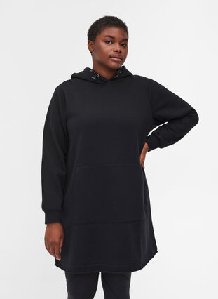 Lang sweatshirt med hætte og lomme, Black, Model image number 0