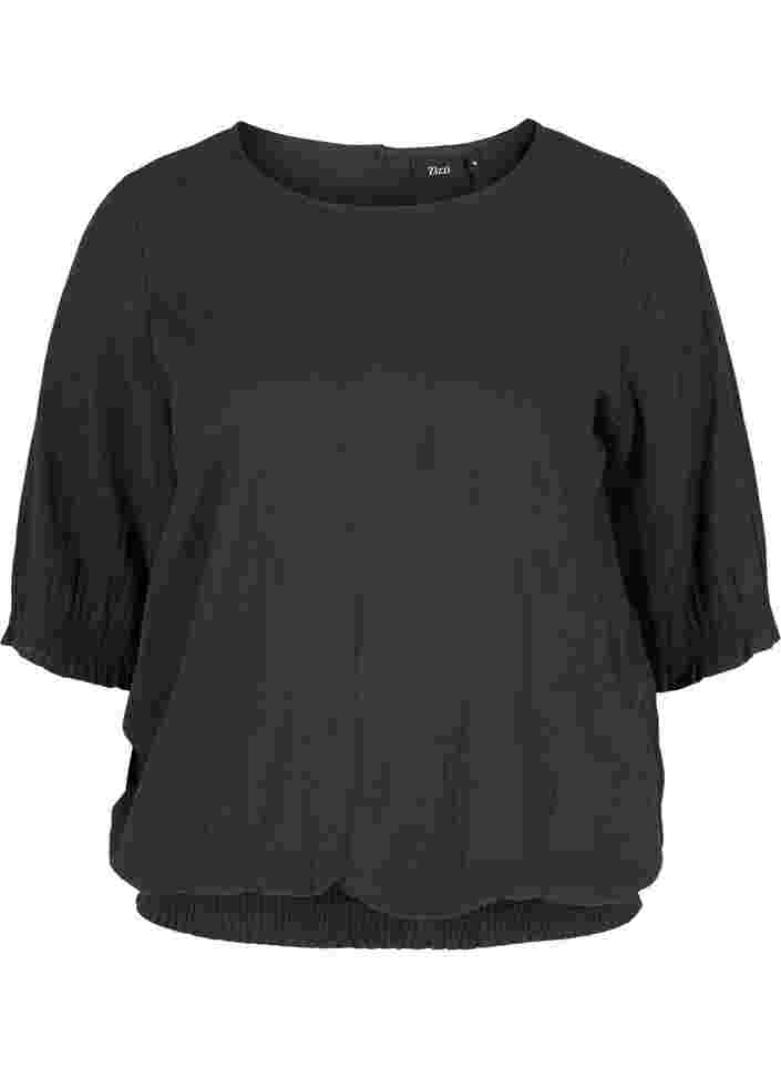 Kortærmet bomuldsbluse med smock, Black, Packshot image number 0