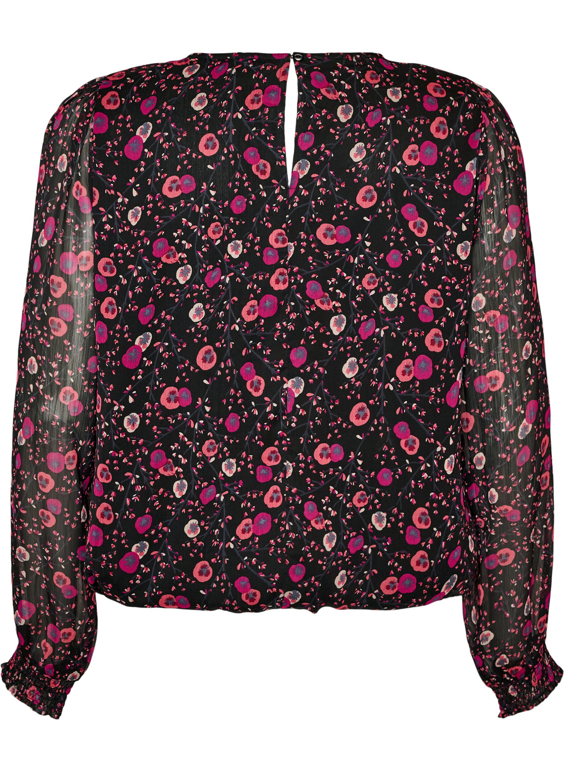 ZizziBlomstret chiffonbluse med transparente &aelig;rmer, Sort, Packshot image number 1