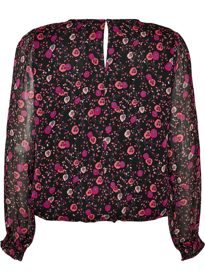 Blomstret chiffonbluse med transparente &aelig;rmer, Sort, Packshot image number 1